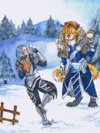  ambiguous_gender anthro armor charr claws clothed clothing detailed_background duo felid fur gauntlets gloves guild_wars hair handwear hi_res human mammal melee_weapon mordorinka open_mouth orange_body orange_fur outside pantherine plant snow sword teeth tiger tree weapon 