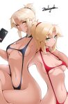  2girls alternate_eye_color aqua_eyes artist_name black_scrunchie blonde_hair cellphone choker fate/grand_order fate_(series) halterneck highres long_hair looking_at_another looking_at_viewer mordred_(fate) multiple_girls navel phone red_scrunchie scrunchie slingshot_swimsuit smartphone swimsuit white_background yellow_eyes zealyush 
