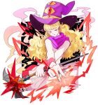  1girl blonde_hair casting_spell dragon_quest dragon_quest_ii hat holding holding_staff holding_weapon light_particles magic mari-mason princess_of_moonbrook purple_headwear red_eyes robe smoke solo staff weapon white_robe witch_hat 