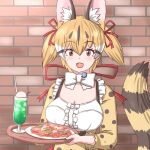  1girl animal_ears bow bowtie brown_eyes brown_hair cat_ears cat_girl cat_tail extra_ears food ice_cream ice_cream_float kemono_friends kemono_friends_v_project large-spotted_genet_(kemono_friends) looking_at_viewer microphone mukouyama_mu open_mouth pasta ribbon shirt short_hair skirt solo suspenders tail tray twintails virtual_youtuber 