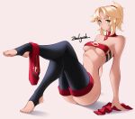  1girl aqua_eyes arched_back arm_support artist_name barefoot blonde_hair breasts crossed_legs detached_collar fate/grand_order fate_(series) full_body knees_together_feet_apart looking_at_viewer mordred_(fate) ponytail red_scrunchie scrunchie sidelocks solo thighhighs underboob white_background zealyush 