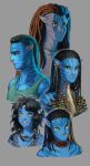  2girls 3boys absurdres alien avatar:_the_way_of_water black_hair blue_skin colored_skin cropped_torso highres jake_sully james_cameron&#039;s_avatar jay_kuro jewelry kiri_(avatar) long_hair miles_quaritch multiple_boys multiple_girls na&#039;vi necklace netayam neytiri pointy_ears simple_background tank_top yellow_eyes 