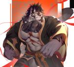  1boy abs artist_name bara bare_pectorals clenched_hand cuffs furry furry_male handcuffs highres looking_at_viewer male_focus mole_hm multiple_scars pectorals scar scar_on_chest scar_on_face sdorica tiger_boy yao_(sdorica) 