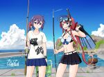  2girls ahoge akebono_(kancolle) asymmetrical_bangs bangs bell belt black_skirt blue_eyes blue_skirt bra breasts cloud commentary_request diving_mask diving_mask_on_head fishing_rod flower goggles goggles_on_head hair_bell hair_between_eyes hair_flower hair_ornament hair_ribbon hairband highres holding holding_fishing_rod kantai_collection kawakaze_(kancolle) long_hair low_twintails multiple_girls navel ocean pleated_skirt purple_eyes purple_hair red_eyes red_ribbon ribbon samusara shirt side_ponytail sidelocks skirt sky small_breasts translation_request twintails underwear very_long_hair white_belt white_hairband white_shirt 