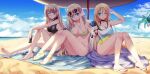  4girls alternate_costume barefoot beach beach_towel beach_umbrella bikini blonde_hair blue_eyes blue_hair blue_headwear blue_one-piece_swimsuit blue_sky breasts camera can cang_se_ye_hua casual_one-piece_swimsuit cloud collarbone commentary_request covered_navel day energy_drink eyewear_on_head galo_(warship_girls_r) green_bikini hair_ornament hairband hairclip hat highres holding holding_camera holding_can large_breasts lexington_(cv-16)_(warship_girls_r) lexington_(warship_girls_r) long_hair mini_hat monster_energy multicolored_clothes multicolored_swimsuit multiple_girls navel ocean one-piece_swimsuit one_eye_closed outdoors palm_tree photoshop_(medium) quincy_(warship_girls_r) revision sand sandals saratoga_(warship_girls_r) sitting sky sunglasses swimsuit towel tree umbrella v very_long_hair warship_girls_r wet white_hairband white_one-piece_swimsuit yellow_one-piece_swimsuit 