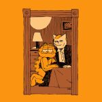  2020 anthro bedroom_eyes black_clothing blonde_hair clothed clothing crossover detailed_background digital_media_(artwork) domestic_cat duo felid feline felis fur garfield_(series) garfield_the_cat gaydottiff hair half-closed_eyes hi_res inside lamp looking_at_viewer male mammal narrowed_eyes orange_background orange_body orange_fur seductive sega shelf simple_background sonic_the_hedgehog_(series) stephen_king_(copyright) tan_body tan_fur the_shining white_body white_fur 