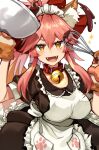  1girl animal_ear_fluff animal_ears animal_hands apron bangs bell black_dress blush bow breasts collar dress fate/extra fate/grand_order fate_(series) fox_ears fox_girl fox_tail frills gloves hair_between_eyes hair_bow highres jingle_bell katsuobushi_(eba_games) large_breasts long_hair looking_at_viewer mixing_bowl neck_bell open_mouth paw_gloves pink_hair ponytail puffy_short_sleeves puffy_sleeves red_bow short_sleeves sidelocks smile solo tail tamamo_(fate) tamamo_cat_(fate) whisk white_apron yellow_eyes 