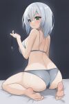  1girl absurdres aqua_eyes arm_at_side ass back bang_dream! bangs bare_arms bare_legs bare_shoulders barefoot bed_sheet black_background bra breasts closed_mouth commentary from_behind full_body grey_bra grey_hair grey_panties hair_between_eyes hand_up hellz_(kari) highres holding holding_jewelry holding_necklace jewelry jewelry_removed kurata_mashiro large_breasts light_blush looking_at_viewer looking_back medium_hair necklace necklace_removed panties pendant shoulder_blades sitting smile soles solo sparkle underwear underwear_only wariza 
