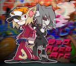  1boy 1girl :3 absurdres animal_ears black_footwear black_pants blue_skirt cat_boy cat_ears cat_girl cat_tail chain cigarette crossed_arms english_text graffiti grey_hair hat highres jacket juki. melty_blood neco-arc neco-arc_chaos orange_headwear pants pleated_skirt red_eyes safety_pin sharp_teeth short_hair skirt smoke smoking tail tail_around_leg teeth tsukihime urban zipper 