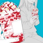  1girl blue_background bocchi_the_rock! gotou_hitori holding ice_cream_cup jacket long_hair nekoume open_mouth pov pov_hands sitting solo_focus spot_color track_jacket track_suit 