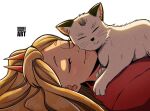  1girl 1other artist_name blonde_hair cat cat_on_person chainsaw_man closed_eyes hood hoodie horns long_hair meowy_(chainsaw_man) power_(chainsaw_man) red_hoodie red_horns sleeping sleeping_on_person smile smilesimplyart white_cat 