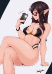  1girl arm_support artist_name breasts brown_hair cellphone choker cleavage collarbone crossed_legs fate_(series) halterneck long_hair looking_at_viewer phone pointy_ears semiramis_(fate) sidelocks smartphone solo swimsuit white_background yellow_eyes zealyush 