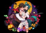  2boys animal_ears bandaid bangs black_cape black_pants brown_hair brown_vest candy_apple cape food fox_ears fox_tail genshin_impact green_hair green_tail hair_between_eyes hat highres jack-o&#039;-lantern jewelry kh66gs long_hair long_sleeves male_focus multicolored_hair multiple_boys mummy mummy_costume nipples open_mouth pants short_hair tail trick_or_treat vampire vampire_costume vest witch_hat xiao_(genshin_impact) yaoi yellow_eyes zhongli_(genshin_impact) 