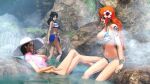  3d 3girls bare_legs barefoot bikini black_hair bracelet breasts cleavage curvy earrings eyewear_on_head flower flower_on_head glasses hat jewelry large_breasts legs long_hair looking_at_another lying multiple_girls nami_(one_piece) navel nico_robin non-web_source on_back one_piece onsen open_mouth orange_hair outdoors relaxing rock short_hair single_earring sitting smile stomach sun_hat swimsuit tashigi teeth thighs water 