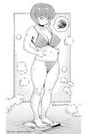  belly_grab bra breasts commentary english_commentary greyscale highres large_breasts monochrome panties plump ranma_1/2 short_hair signature spoken_squiggle squiggle steam sweat tendou_nabiki twitter_username underwear weighing_scale weight_conscious yashiro_a._marino 