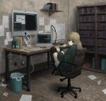  1girl absurdres black_thighhighs blonde_hair blue_eyes bookshelf chair computer desk headphones highres indoors keyboard_(computer) knees_up laptop long_hair looking_at_viewer monitor muted_color original paper shuzoun2501 solo thighhighs trash_can wide_shot 