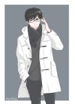  1boy adjusting_eyewear ao_no_exorcist aqua_eyes artist_name black-framed_eyewear black_hair border closed_mouth coat duffel_coat glasses grey_background grey_pants grey_scarf grey_shirt hand_in_pocket hand_up highres long_sleeves looking_at_another looking_to_the_side male_focus mole mole_under_eye okumura_yukio open_clothes open_coat outside_border p45fmj pants pocket scarf shirt short_hair simple_background solo standing toggles twitter_username white_border white_coat winter_clothes 