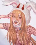  1girl animal_hat blonde_hair bow braid bunny_hat chainsaw_man crop_top cross-shaped_pupils hair_between_eyes hair_bow hat highres horns horns_through_headwear long_hair looking_to_the_side open_mouth power_(chainsaw_man) red_horns sharp_teeth shirt side_braid solo striped striped_shirt symbol-shaped_pupils taestymaee teeth tongue tongue_out twitter_username yellow_eyes 