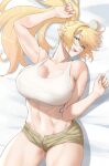  1girl :d abs absurdres anagumasan arm_up bangs bare_shoulders bed_sheet blonde_hair blue_eyes breasts cleavage collarbone commentary_request commission cowboy_shot crop_top groin hair_between_eyes highres large_breasts long_hair looking_at_viewer lying midriff muscular navel on_back open_fly open_mouth original pointy_ears ponytail shadow shirt short_shorts shorts sidelocks skeb_commission smile solo tank_top taut_clothes taut_shirt teeth upper_teeth_only white_tank_top yellow_shorts 
