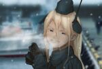  1girl black_gloves black_jacket blonde_hair blue_eyes commentary_request cropped_jacket garrison_cap gloves hat headgear highres jacket kantai_collection kappa_modoki long_hair military military_uniform own_hands_together snowing teardrop u-511_(kancolle) uniform 