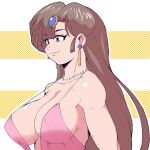  1girl bead_necklace beads blue_eyes breasts brown_hair commentary covered_nipples dress earrings english_commentary jewelry kuonji_ukyou large_breasts long_hair necklace outline pink_dress plunging_neckline ranma_1/2 smile solo upper_body yashiro_a._marino 