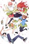  1boy 5girls arm_above_head black_eyes black_hair black_jacket black_pantyhose black_ribbon blue_eyes blue_jacket blush bow breasts brown_hair butterfly_hair_ornament chicke_iii clothes_around_waist clothes_lift covering covering_crotch falling falling_petals go-toubun_no_hanayome green_bow green_hairband green_ribbon green_skirt green_sweater_vest hair_ornament hair_ribbon hairband headphones headphones_around_neck highres jacket knees_together_feet_apart large_breasts loafers long_hair long_legs long_sleeves lower_teeth_only medium_hair miniskirt multiple_girls nakano_ichika nakano_itsuki nakano_miku nakano_nino nakano_yotsuba open_clothes open_jacket open_mouth orange_hair outstretched_arms pants pantyhose petals pink_hair pleated_skirt red_hair red_sweater_vest ribbon school_uniform shirt shoes short_hair short_sleeves siblings simple_background sisters skirt skirt_lift smile star_(symbol) star_hair_ornament straight_hair sweater_vest teeth thighhighs thighs two_side_up uesugi_fuutarou v-shaped_eyebrows very_long_hair wavy_mouth white_background white_shirt white_thighhighs zettai_ryouiki 