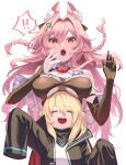  ! 2girls :d animal_ear_fluff animal_ears arknights asymmetrical_gloves bare_shoulders black_coat black_gloves blonde_hair blush braid breast_lift breasts closed_eyes coat durin_(arknights) elbow_gloves fangs gasp gloves hair_intakes hair_ornament highres large_breasts long_hair long_sleeves looking_at_viewer memetaroh mismatched_gloves multiple_girls open_clothes open_coat open_mouth pink_hair pointy_ears pozyomka_(arknights) red_eyes simple_background sleeves_past_fingers sleeves_past_wrists smile speech_bubble spoken_exclamation_mark twin_braids underboob very_long_hair waving white_background wolf_ears 