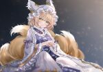  1girl animal_ears blonde_hair blush closed_mouth dress fox_ears fox_tail frilled_sleeves frills hat highres long_sleeves looking_at_viewer multiple_tails pillow_hat sarasadou_dan short_hair solo tabard tail touhou white_dress white_headwear wide_sleeves yakumo_ran yellow_eyes 