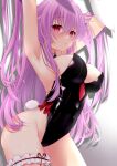  1girl :o alternate_costume animal_ears arm_behind_head arm_up armpits bare_legs black_leotard blush breasts cleavage gradient_background grey_background hair_between_eyes large_breasts leotard long_hair looking_at_viewer necktie playboy_bunny purple_hair rabbit_ears rabbit_tail red_eyes red_necktie reisen_udongein_inaba solo tail thighs tosakaoil touhou 