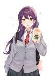  1girl :o backpack bag bandaged_hand bandages bangs black_skirt cardigan collared_shirt cup disposable_cup drinking_straw genderswap genderswap_(mtf) green_eyes grey_cardigan hair_between_eyes highres holding holding_cup kenmochi_touya long_hair looking_at_viewer necktie nijisanji parted_lips plaid_necktie pleated_skirt purple_hair red_necktie school_uniform shirt simple_background skirt solo teeth tsumetsume_zerii upper_teeth_only very_long_hair virtual_youtuber white_background white_shirt 