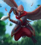  ambiguous_gender anthro artist_logo artist_name avian beak black_beak blurred_background bottomwear cereus93 clothed clothing feathered_wings feathers front_view full-length_portrait grey_clothing grey_robe holding_object holding_sword holding_weapon logo melee_weapon motion_blur narrowed_eyes pants portrait red_body red_bottomwear red_clothing red_eyes red_feathers red_pants red_scarf red_wings robe scarf solo sword weapon white_body white_feathers white_wings wings 