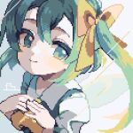  1girl ahiru_tokotoko ascot bangs bow closed_mouth daiyousei fairy_wings green_eyes green_hair hair_bow looking_at_viewer medium_hair own_hands_together pixel_art short_sleeves side_ponytail smile solo touhou upper_body wings yellow_ascot yellow_bow 