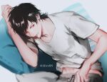  1boy aru_iru b-project black_hair blue_background grey_pants highres kaneshiro_goushi lying male_focus on_side pants parted_lips red_eyes shirt short_hair short_sleeves solo teeth twitter_username white_shirt 