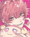  1boy absurdres akazumii ashu_yuuta b-project crescent earrings freckles highres holding holding_stuffed_toy jewelry looking_at_viewer male_focus open_mouth pink_background pink_hair purple_eyes short_hair signature smile solo star_(symbol) stuffed_animal stuffed_sheep stuffed_toy teeth 