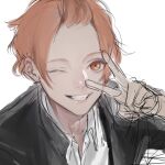  1boy aru_iru b-project bangs_pinned_back black_jacket collared_shirt fudo_akane jacket lineart long_sleeves looking_at_viewer male_focus one_eye_closed orange_eyes orange_hair shirt short_hair sketch smile solo v white_shirt 