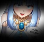 1girl 1nilla&#039; :d blue_eyes blue_hair blurry blush brooch commentary cosplay english_commentary genshin_impact highres jewelry kamisato_ayaka long_hair long_sleeves looking_at_viewer neck_ring nilou_(genshin_impact) nilou_(genshin_impact)_(cosplay) open_mouth simple_background smile solo speech_bubble veil white_background 