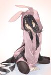  1girl amano_kokoko animal_hood bangs black_hair hair_between_eyes highres hood horse_girl horse_tail long_bangs long_hair looking_at_viewer manhattan_cafe_(umamusume) pink_sweater rabbit_hood seiza simple_background sitting solo spread_legs sweater tail umamusume white_background white_hair yellow_eyes 