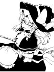  1girl absurdres apron bangs bow braid breasts broom capelet cleavage frilled_hat frills hand_on_hip hat hat_bow high_contrast highres himajin_noizu holding holding_broom kirisame_marisa long_hair medium_breasts open_mouth side_braid simple_background single_braid solo touhou waist_apron witch_hat 