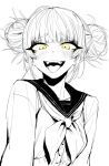  1girl bangs blush boku_no_hero_academia breasts double_bun fangs hair_bun highres j.k. large_breasts long_sleeves messy_hair neckerchief sailor_collar shirt short_hair smile solo spot_color teeth toga_himiko tongue tongue_out upper_teeth_only white_background yellow_eyes 