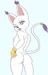  absurd_res anthro areola bandai_namco blue_eyes breasts butt digimon digimon_(species) female gatomon genitals hi_res looking_at_viewer maikox nipples open_mouth pussy raised_tail simple_background small_breasts solo tail white_background white_body 