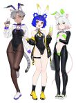  3girls :d absurdres alcohol animal_ears bangs bare_legs bare_shoulders black_leotard bottle breasts can cat_ears cat_tail covered_navel cup dark-skinned_female dark_skin detached_collar drinking_glass energy_drink english_commentary fake_animal_ears full_body green_eyes grey_hair gris_(vertigris) highleg highleg_leotard highres holding holding_bottle holding_can jacket kara_(vertigris) leotard long_sleeves looking_at_viewer medium_breasts monster_energy multiple_girls off_shoulder open_mouth original pantyhose playboy_bunny purple_hair rabbit_ears shoes short_hair simple_background small_breasts smile standing strapless tail thigh_strap vertigris white_background white_footwear yellow_eyes 