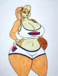  anthro ball basketball_(ball) basketball_uniform belly big_breasts big_butt blonde_hair blue_eyes breasts butt clothing female gloves hair hand_on_hip handwear hi_res lagomorph leporid lola_bunny looney_tunes mammal midriff rabbit solo sportswear thaliaglacyswells thick_thighs uniform warner_brothers wide_hips 