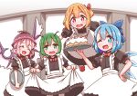  4girls alternate_costume animal_ears antennae apron bird_ears bird_wings black_dress blonde_hair blue_bow blue_eyes blue_hair blush bow cake cirno closed_eyes clothes_lift commission detached_wings dress dress_lift drooling enmaided fairy food green_eyes green_hair hair_between_eyes hair_bow hair_ribbon highres holding holding_tray ice ice_wings lifted_by_self maid maid_apron multiple_girls mystia_lorelei open_mouth pink_hair red_eyes red_ribbon ribbon roco_(katsuya1011) rumia short_hair short_sleeves skeb_commission smile strawberry_shortcake team_9 touhou tray white_apron white_wings wings wriggle_nightbug 