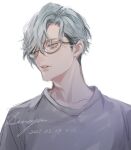  1boy aizome_kento aru_iru b-project blue_eyes blue_hair dated facing_away glasses grey_shirt highres light_blue_hair looking_down male_focus parted_lips shirt short_hair signature solo teeth white_background 
