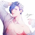  1boy aizome_kento aru_iru b-project long_sleeves looking_at_viewer male_focus nipples parted_lips purple_eyes purple_hair shirt shirt_partially_removed short_hair signature solo striped teeth white_background white_shirt 