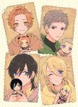  4boys b-project bangs_pinned_back black_hair blonde_hair blue_eyes fudo_akane highres holding holding_stuffed_toy killer_king_(b-project) light_brown_hair looking_at_viewer male_focus multiple_boys orange_eyes orange_hair p4cnoo purple_eyes shingari_miroku short_hair stuffed_toy teramitsu_haruhi teramitsu_yuduki 