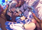  1girl bangs bare_shoulders black_gloves blue_eyes breasts bronya_zaychik bronya_zaychik_(herrscher_of_reason) double_handjob gloves group_sex hair_ornament handjob honkai_(series) honkai_impact_3rd lao_meng long_hair navel open_mouth orgy sex spread_legs thighhighs 