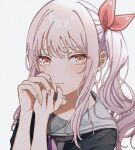  1other akiyama_mizuki bangs closed_mouth commentary_request fingernails grey_background hair_ribbon iwawa multicolored_ribbon neck_ribbon partial_commentary pink_eyes pink_hair project_sekai red_ribbon ribbon sailor_collar side_ponytail solo 