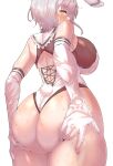  1girl alicia_renato_(yashiro_sousaku) ass bangs bare_shoulders blush breasts highleg highleg_leotard highres huge_breasts leotard looking_at_viewer looking_back multiple_views original short_hair solo sweat thighhighs thighs wakura_(gcdan) white_background white_hair yellow_eyes 