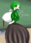  absurd_res big_breasts blush breasts chalkboard clothed clothing escapefromexpansion female fully_clothed gardevoir generation_3_pokemon hi_res huge_breasts humanoid necktie nintendo nipple_outline orange_eyes pokemon pokemon_(species) solo text white_body 